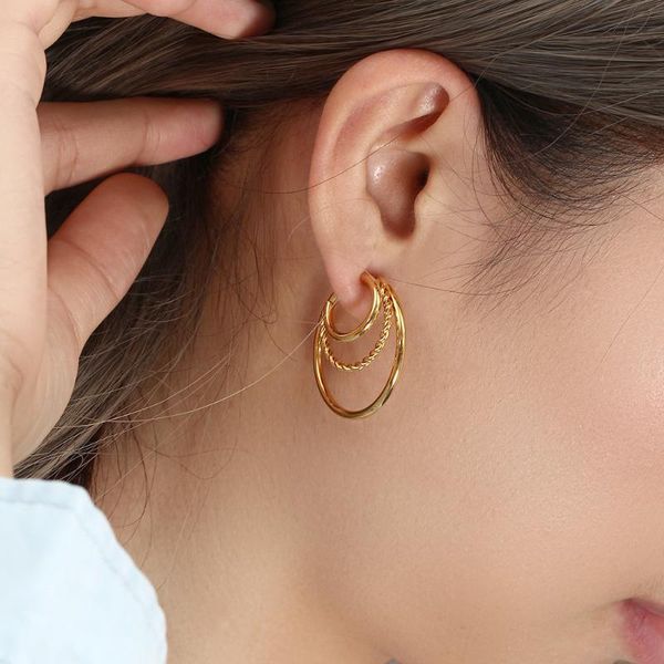 

hoop & huggie multi-layer hollow twist c shape earrings for women gold color stainless steel 2021 trendy jewelry gift, Golden;silver