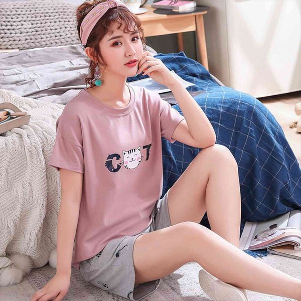 

100% cotton pyjamas set womens sleepwears short sleeve printed pajamas girls casual shorts t shirt sleepwear nightwear femme, Black;red