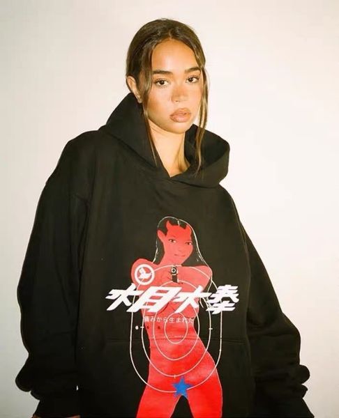 

/sicko.1993 children wang damu dafeng abnormal portrait print hooded plush loose sweater, Black