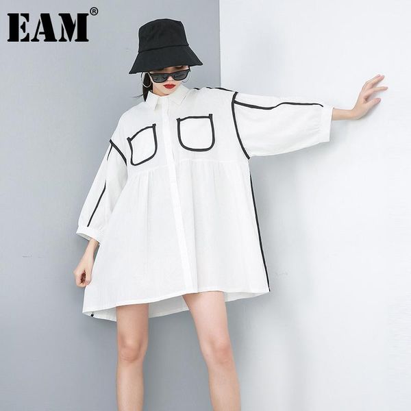 

women's blouses & shirts [eam] women pattern printed big size long blouse lapel sleeve loose fit shirt fashion tide spring autumn 2021, White