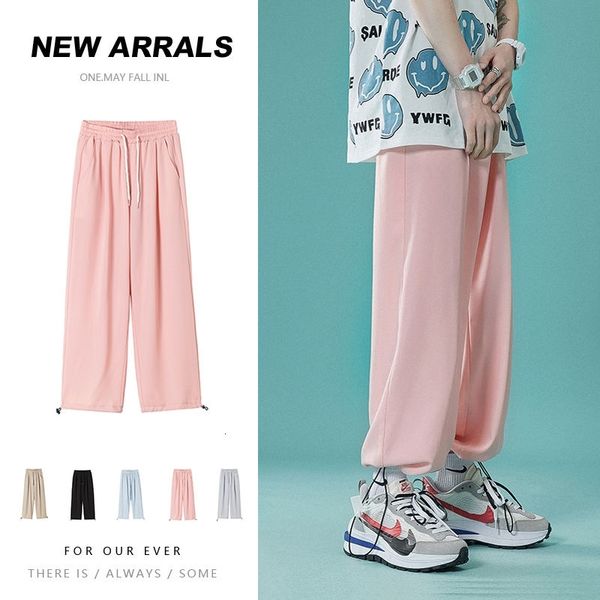 

men's pants summer casual fashion solid color thin wide-leg men streetear loose straight ice silk mens sweatpants d282, Black