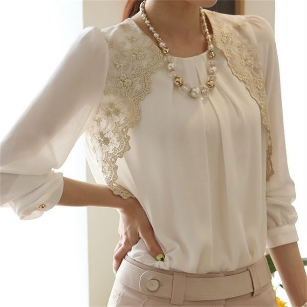 

women loose chiffon blouse feminine lace embroidery patchwork o-neck shirt female long sleeve office plus size 5xl 210225, White