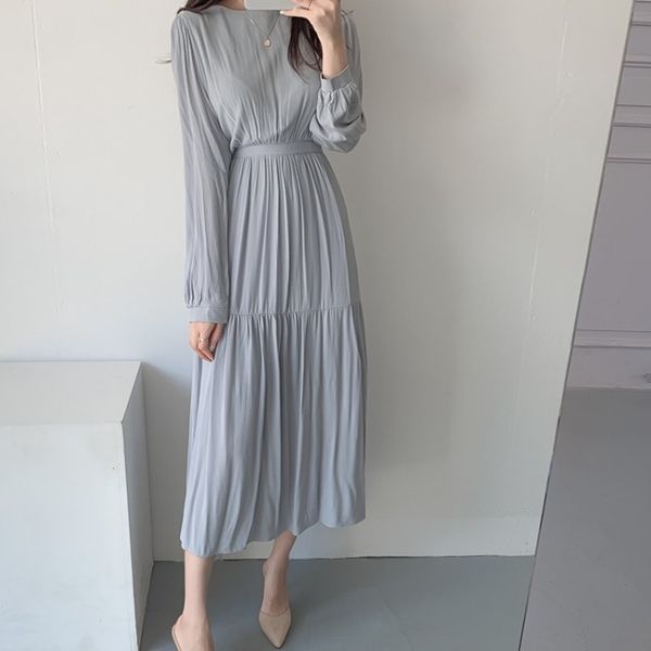 

autumn new korean chic temperament simple light blue close show thin elastic waist pleated dress for women, Black;gray