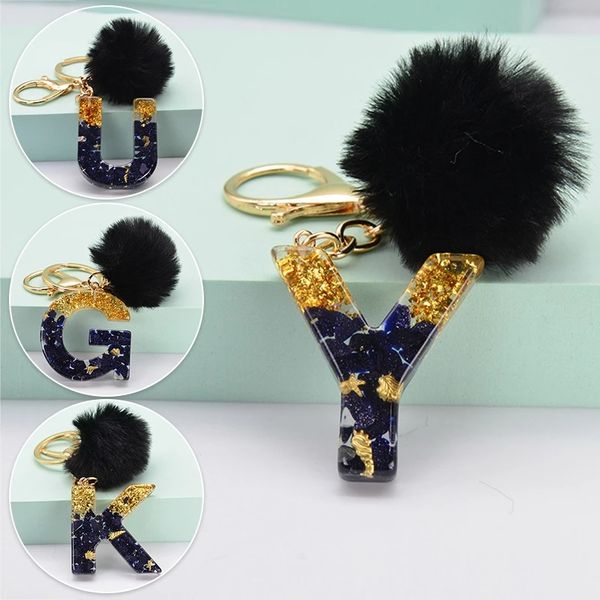 

black pompom letter key chain english alphabet keyring glitter gradient resin car mirror accessory women handbag charms, Slivery;golden