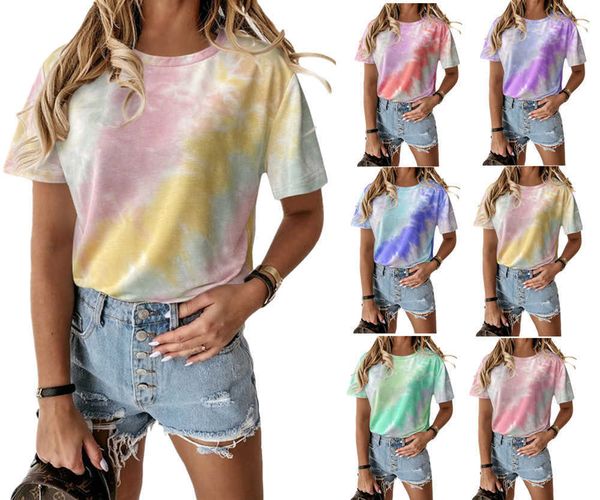 

2021 summer women's loose round neck short sleeve printed tie dyed t-shirt, White