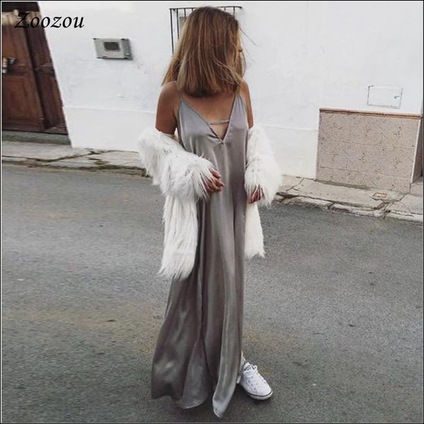 

casual dresses women elegant silky spaghetti strap dress solid color halter v-neck evening party satin lady maxi custom, Black;gray