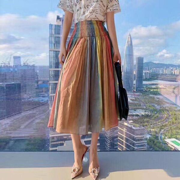 

skirts loose designer a line female 2021 summer clothing colorful skirt for women high waist lace up patchwork hit color, Black
