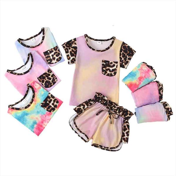 

infant baby girls leopard print clothes set, tie-dye short sleeve o-neck t-shirt elastic waist shorts for summer 1-6t, White