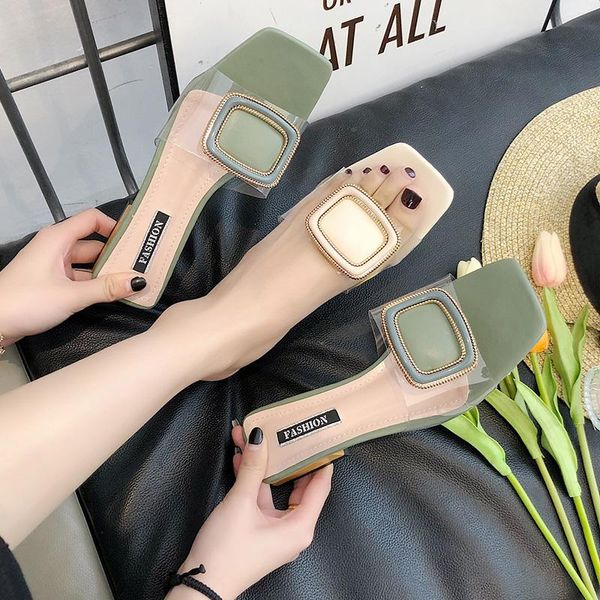 

slippers low heel slides women fashion transparent pvc open toe summer shoes 2021 outside sandals for ladies with buttons, Black