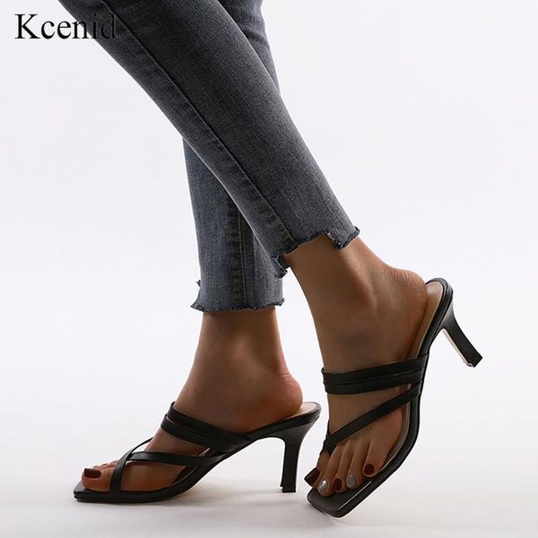 

slippers kcenid summer women mules design sandals square toe narrow band slides high heels shoes flip flops size 41, Black
