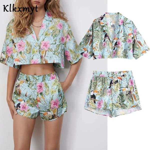 

klkxmyt za 2 piece set women summer fashion floral print short sleeve beach cropped blouse outfit+high waisted casual shorts 210527, White