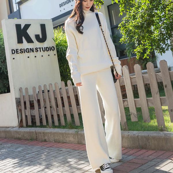

women's two piece pants tracksuit women knitted turtleneck wool pullover sweater wide leg suits 2 set female oversize, White