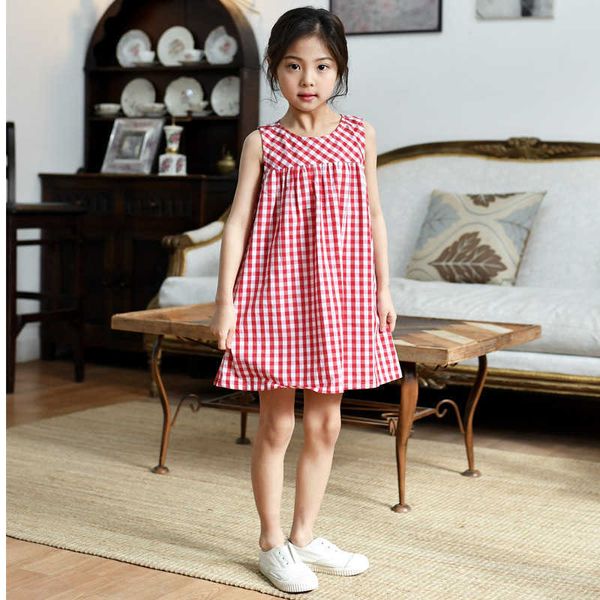 Kinder Sommer Kleidung Baumwolle Mädchen Gitter Rot Kleid Plaid Lose Kleider Ärmellose Teenager Casual Kleidung Kleinkind Mädchen Kostüm Q0716