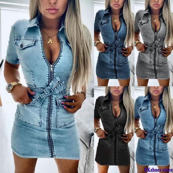 

casual dresses women fashion short sleeve denim dress front zipper bandage jeans bodycon pockets ladies lapel slim fit mini, Black;gray
