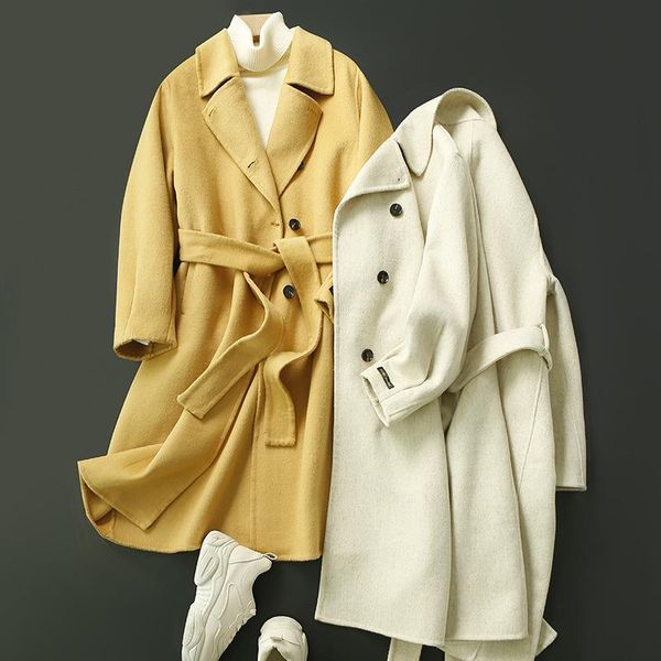 

women's wool & blends elegant yellow 100% coat women 2021 autumn winter hand-sewn cashmere office lady beige female k1135, Black