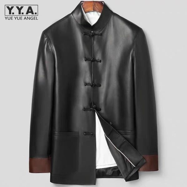 

men's leather & faux chinese style men stand collar single breasted natural sheepskin genuine jacket spring autumn vintage outwear coat, Black