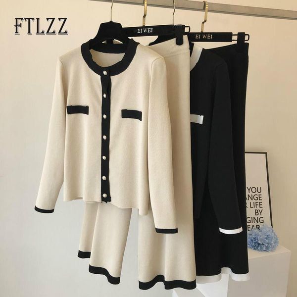 

two piece dress women elegant sets autumn winter single breasted sweater + straight pants knitted suits woman tracksuit outfit, White