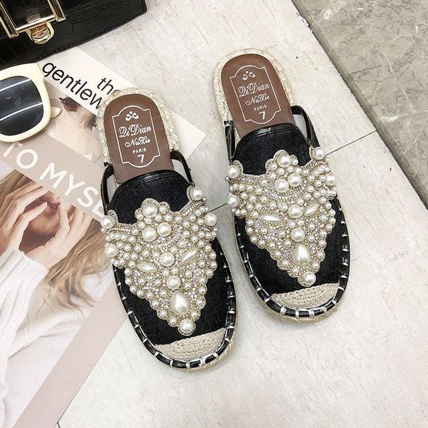 

slippers oraqwlj women's lazy shoes spring and summer slides beaded pearly flats sandals flat-bottomed baotou half black