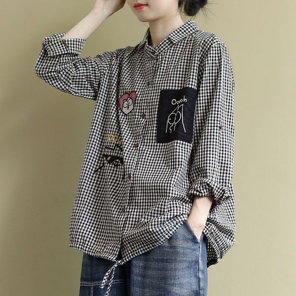 

design plus size women casual shirt korean style vintage plaid cartoon embroidery oversized female woman blouses shirts p1278, White