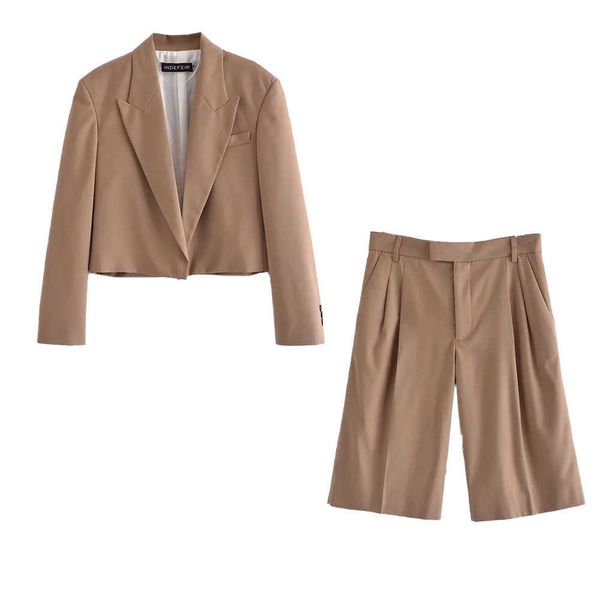 

women 2 piece set cropped blazer & high-waist bermuda shorts casual fashion woman suits two-piece set outfits 210709, White