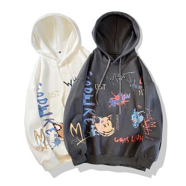 

autumn new hooded fleece sweater graffiti blouse young students large casual pullover sweater korean jacket, Black
