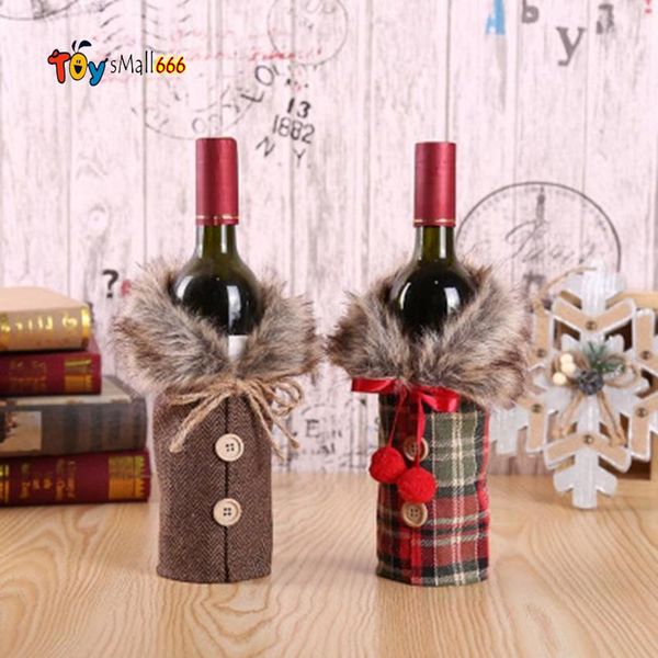 

dhl christmas party decoartions new wine cover with bow plaid linen bottle clothes with fluff creative wine bottle cover fashion
