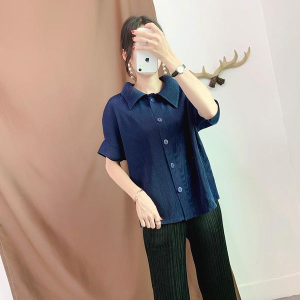 

women's jackets women fashion plus size office lady miyake pleated short sleeves coats solid turndown collar single breasted loose, Black;brown