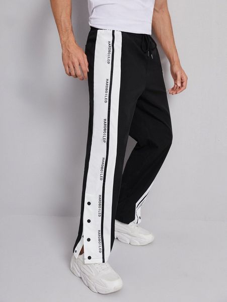 

men colorblock letter graphic drawstring waist pants r04x#, Black