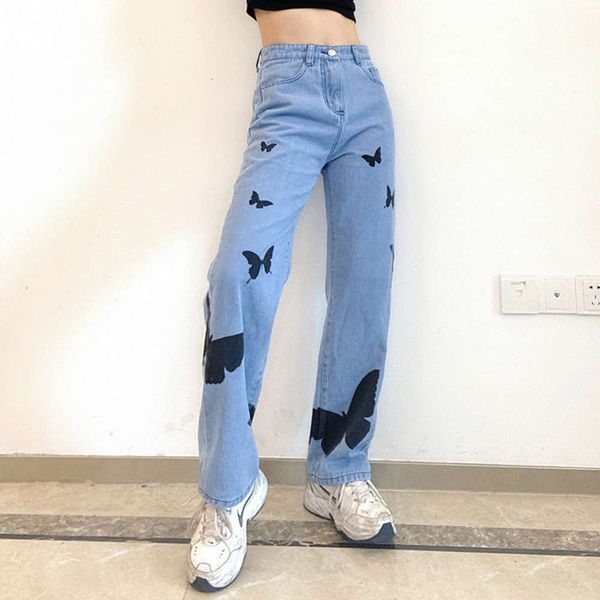 

2021 spring men's pants butterfly print contrast high waist slim straight casual jeans, Black;white
