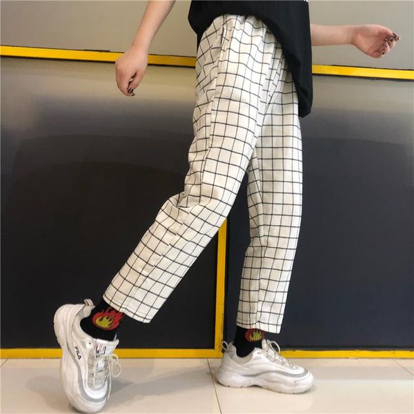 

women's pants & capris heydress vintage paid patchwork harajuku woman man trousers elastics high waist korean causal straight bottoms, Black;white