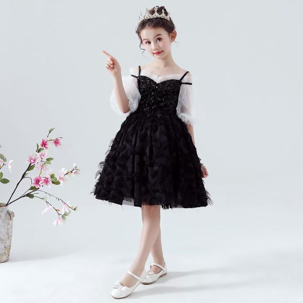 

girl's dresses black off the shoulder princess girls evening dress sequined feather flower girl 2-12 years kids birthday party gowns, Red;yellow