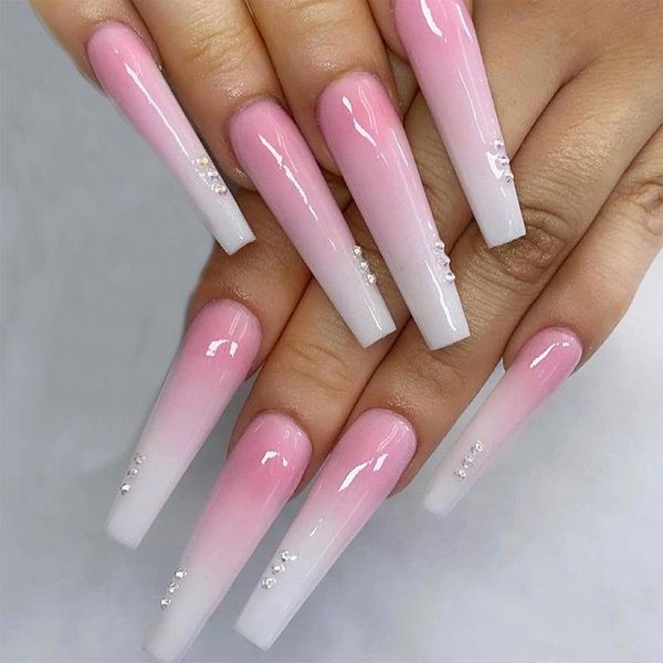 

false nails 24pcs gradient pink nail patch sweet style glue type removable super long paragraph manicure save time cin699, Red;gold