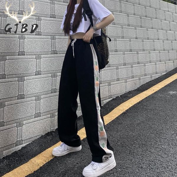 

women's pants & capris drawstring sweat casual streetwear high waist baggy korean fashion straight 2021 summer patchwork women wide leg, Black;white