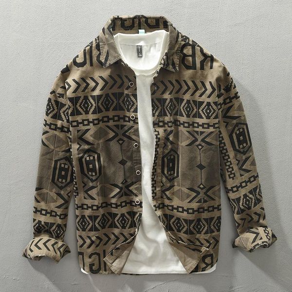 

men's casual shirts z166 fall vintage printed corduroy for men cotton fashion lapel all-match holiday outdoor thin coats male blouse, White;black