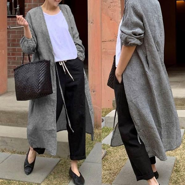 

autumn long blouse 2021 zanzea casual lace up puff sleeve shirtsstylish check cardigans woman female plaid tunic oversized, White