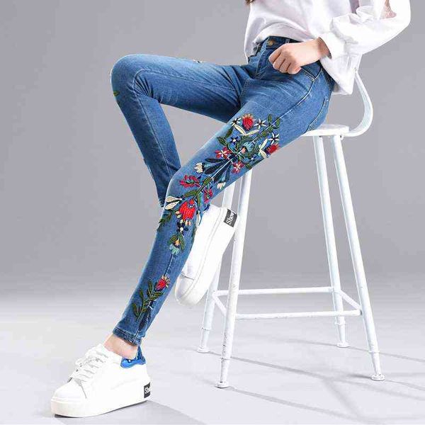 

side embroidered jeans for women with high waist pants plus size skinny vintage 4xl stretch embroidery denim 211129, Blue