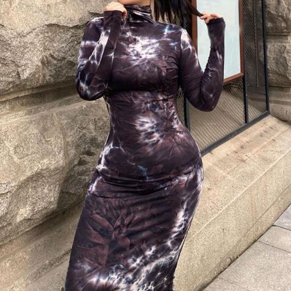 

casual dresses bodycon dress tie dye print skinny stretchy long sleeve turtleneck ankle length for dating femme clothing purple xxxl, Black;gray