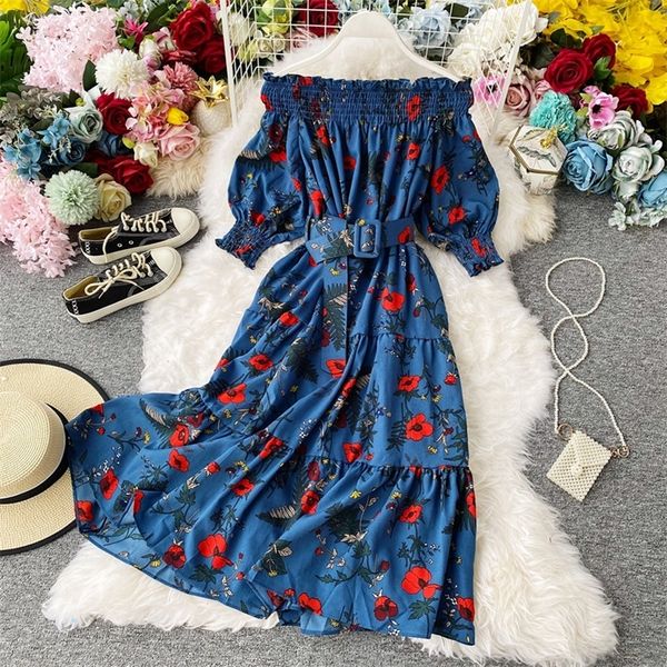 Bohemian Summer Férias Praia Mulheres Floral Impressão Chiffon Dress Sexy Slash Neck fora do ombro azul / vermelho Dresse feminino novo 210309