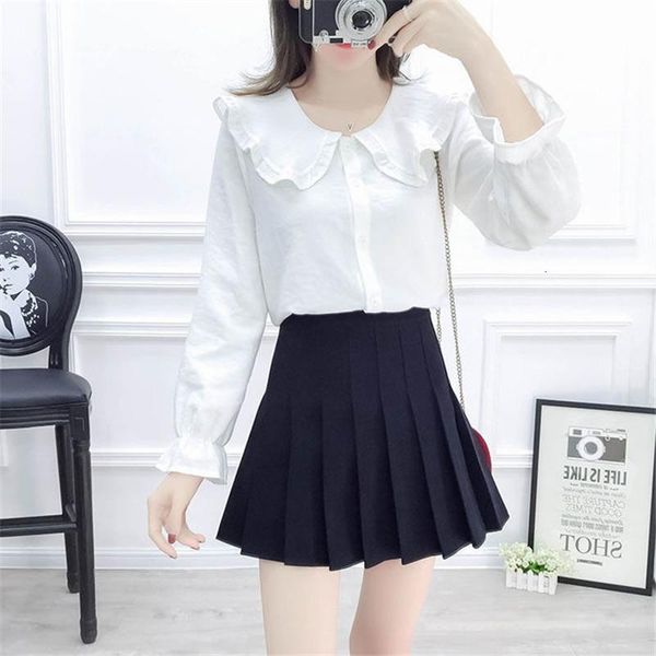 

2021 new spring autumn women england style ruffles single breasted shirt+pleated solid mini skirt set ladies casual slim sweet suit r09apg9, Black;gray