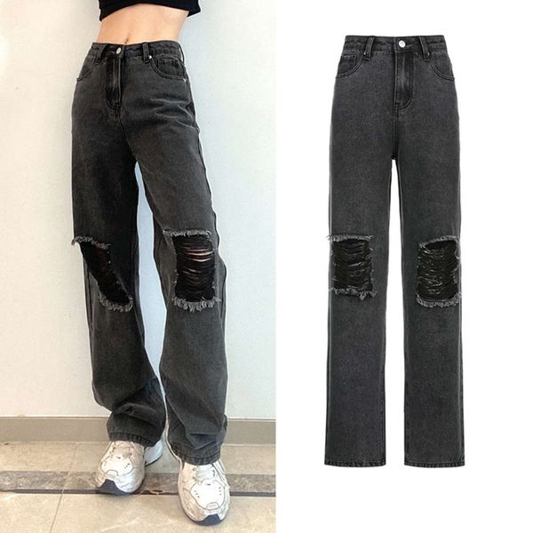 

high waist loose worn hole black wide leg pants, Blue