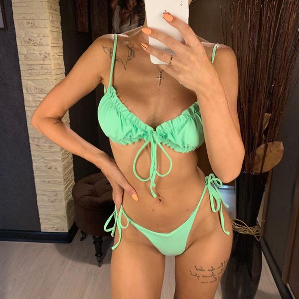 

women's swimwear 2021 female swimsuit two-pieces bikini set lace up bather bathing suit swim 3 colors ruffled frilled women, White;black