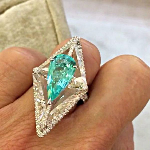 

wedding rings women's fashion water drop shape green crystal engagement ring party anniversary jewelry gift, Slivery;golden