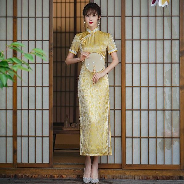 

ethnic clothing female yellow print floral dress gown mandarin collar qipao large size 3xl chinese cheongsam summer elegant vestidos, Red