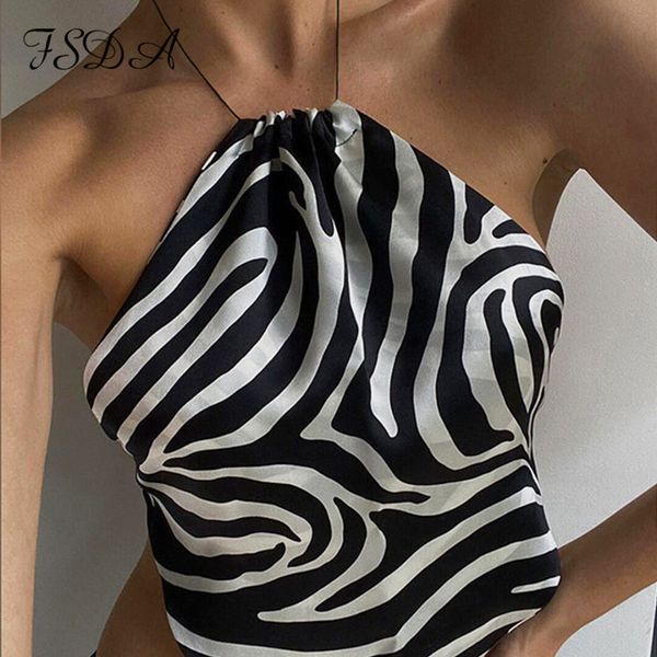 

2021 zebra print halter neck satin crop women black fashion summer sleeveless bandage backless tank vintagehigh quality, White