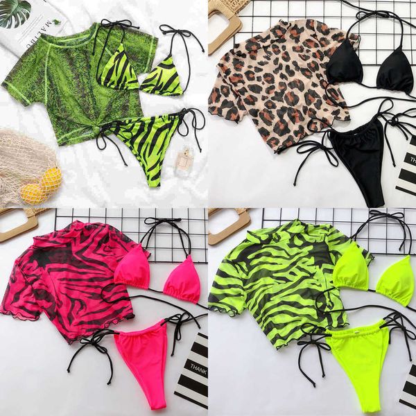 

swimsuit bathing suit woman string female bandage animal print 3 pieces bikini set 2021 neon pink swimwear women biquini q1222, White;black