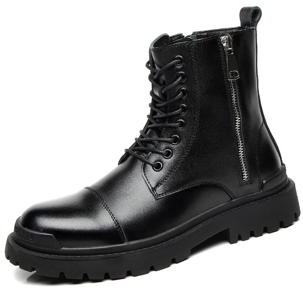 

round toe chunky men leather boots motorcycle high handsome british zip boot men casual trendy shoe spring/ winter, Black