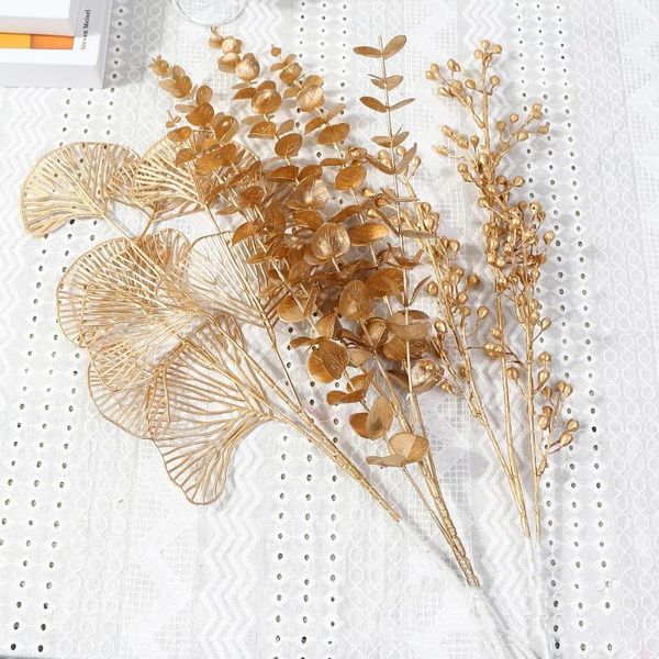 

decorative flowers & wreaths artificial golden plant plastic eucalyptus leaves christmas decor fake wedding party diy garland handcraft flor