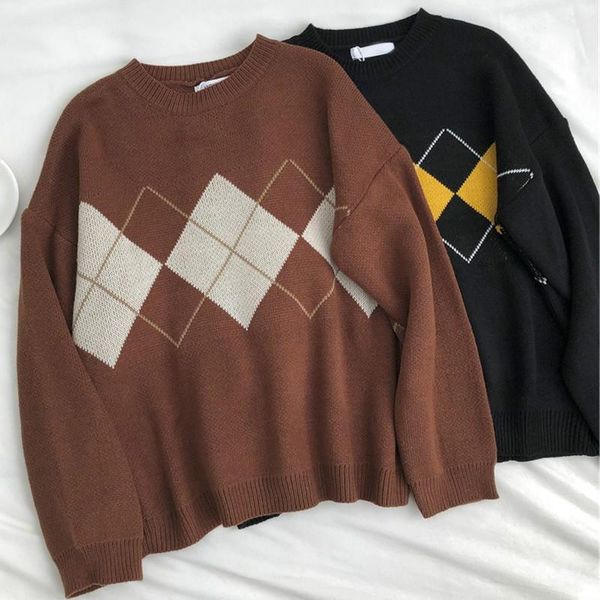 

women's sweaters winter knitted sweater women oversized argyle fashion clothes famale long sleeve korean crop ropa de mujer, White;black