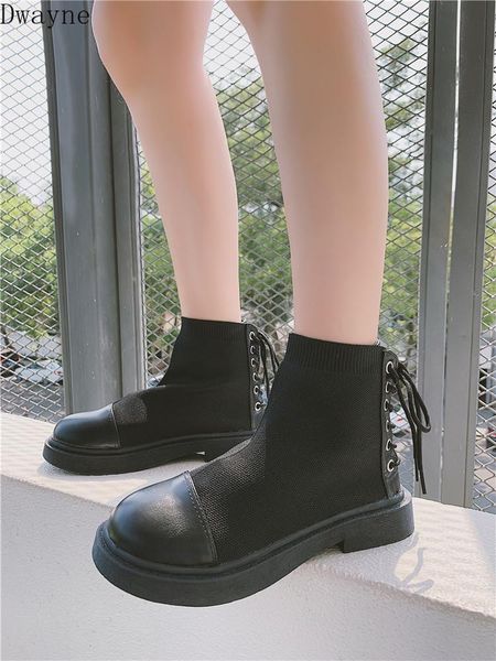 

boots female british wind 2021 autumn handsome elastic socks flat knit retro, Black