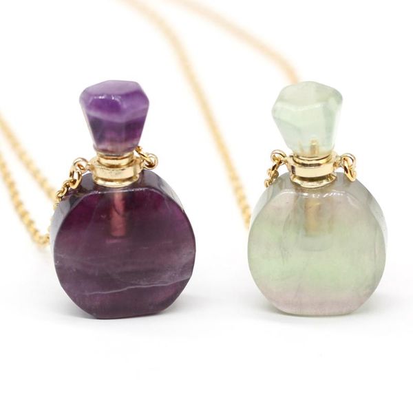 

pendant necklaces natural perfume bottle crystal stone necklace fluorite amethysts essential oil diffuser charm copper chain jewelry gift, Silver